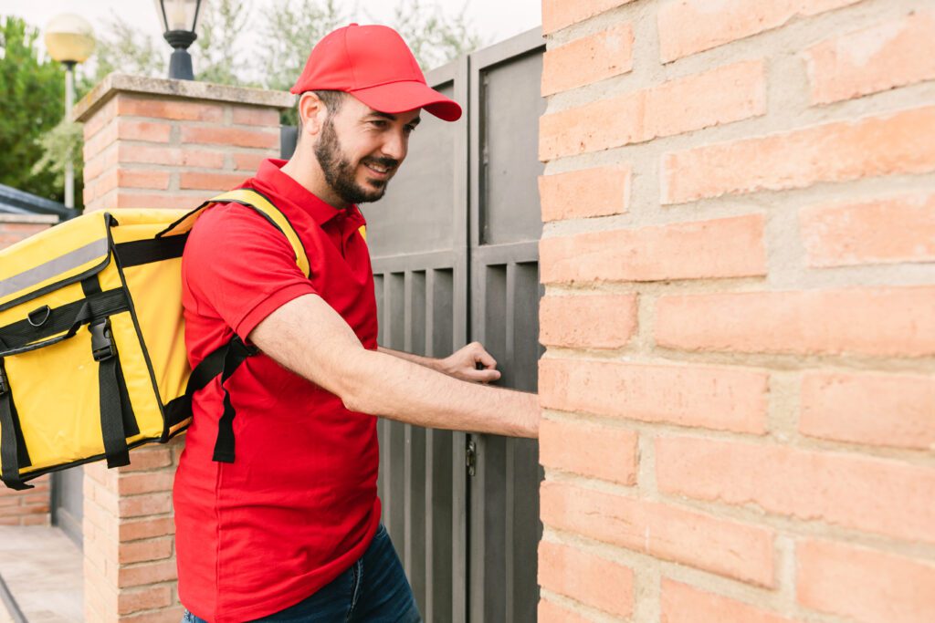 Hispanic delivery man in red uniform ringing the bell to delivery packages